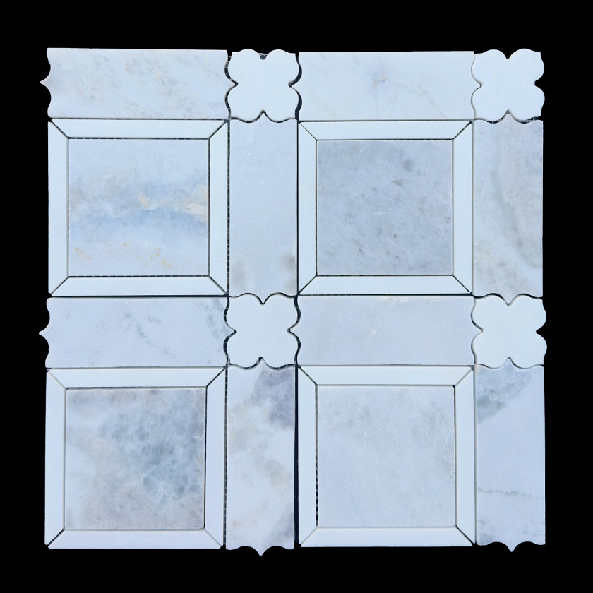 Portofino Azul Cielo and thassos marble mosaic lot image showing natural variation | The Mosaic Shop