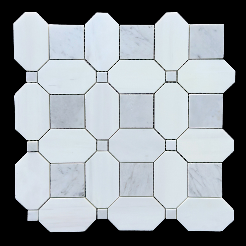 Seabreeze Carrara and bianco dolomite marble mosaic lot image showing natural variation | The Mosaic Shop
