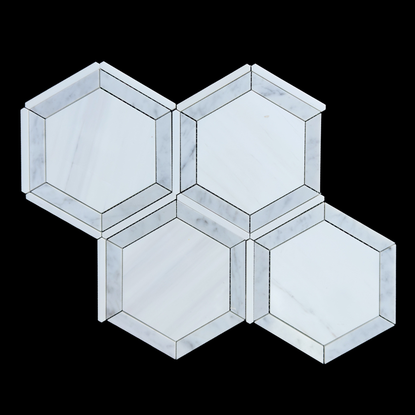 Sunrise Hex carrara and bianco dolomite marble mosaic lot image showing natural variation | The Mosaic Shop