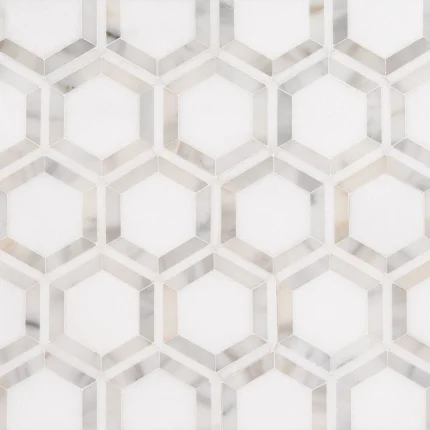 Charlestone Hex Thassos and Calacatta Gold polished marble mosaic tile | The Mosaic Shop