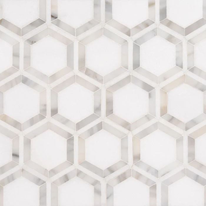 Charlestone Hex Thassos and Calacatta Gold polished marble mosaic tile | The Mosaic Shop