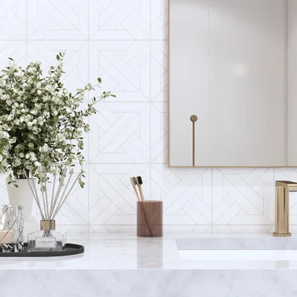 Close-up of Crossroad in White marble mosaic showing Dolomite and Thassos interlocking parquet pattern detail