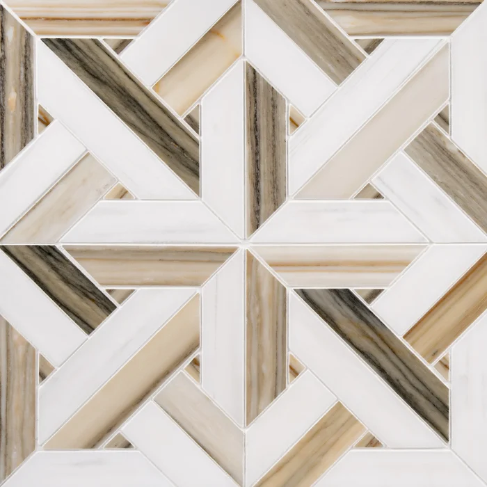 Crossroad in Zebrino and Bianco Dolomite and zebrino marble polished parquet pattern marble mosaic tile | The Mosaic Shop