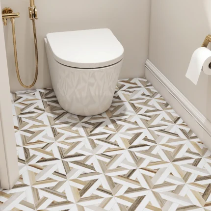Close-up of Crossroad in Zebrino marble mosaic showing Zebrino striping and Dolomite contrast in parquet pattern