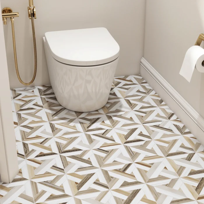 Close-up of Crossroad in Zebrino marble mosaic showing Zebrino striping and Dolomite contrast in parquet pattern