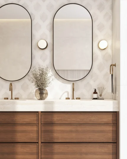 Diamonds in Latea thassos and dolomite marble mosaic tile installed on a bathroom vanity wall