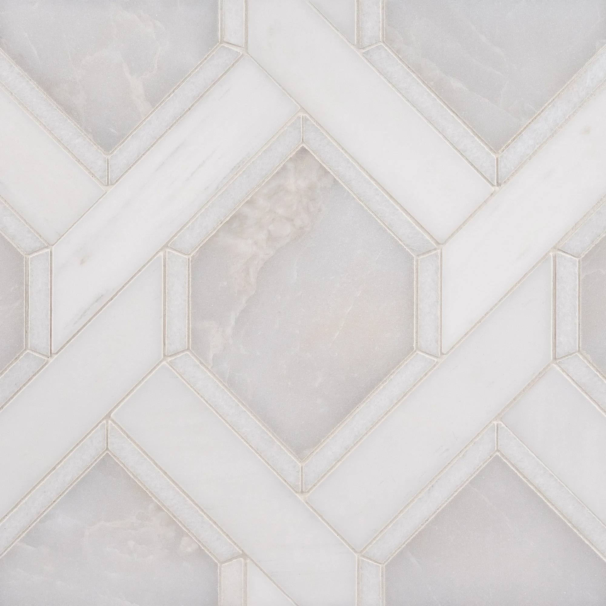 diamonds-latea-natural-stone-mosaic Diamonds in Latea Via Latea Thassos and Bianco Dolomite honed diamond lattice marble mosaic tile | The Mosaic Shop
