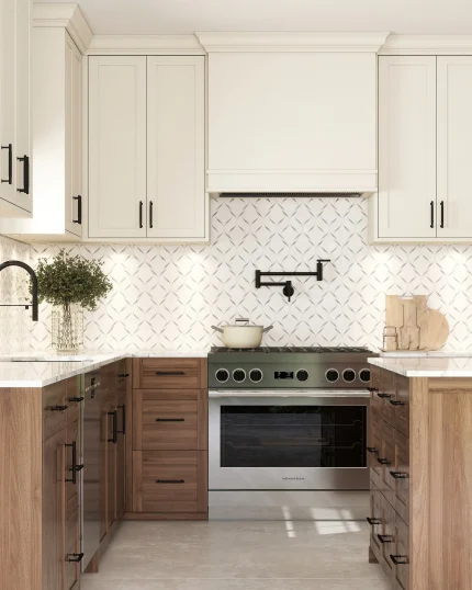 Eva thassos and carrara waterjet marble mosaic tile installed as a kitchen backsplash