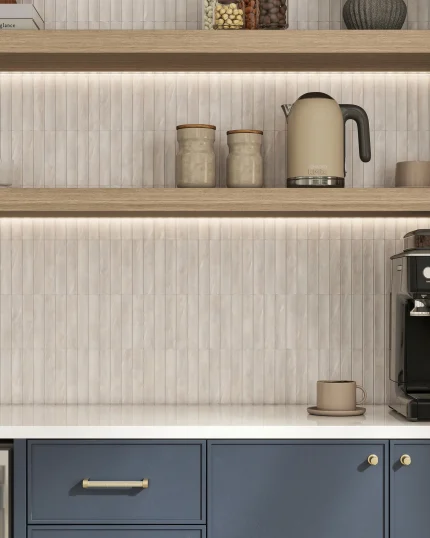 Close-up of Fluted Latea 3D marble mosaic showing soft cloudy Via Latea stone across carved fluted profile