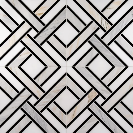 Hampton Thassos Calacatta Gold and Nero Marquina polished parquet marble mosaic tile | The Mosaic Shop