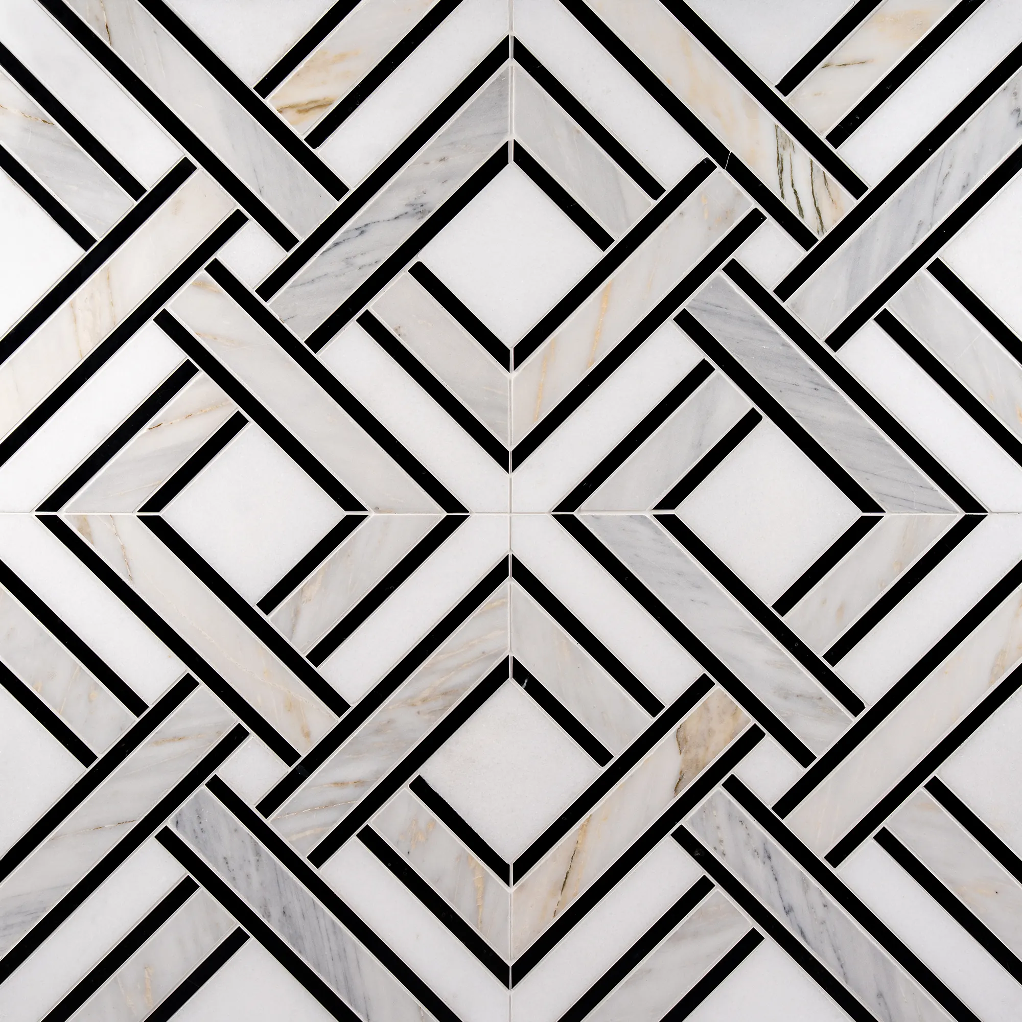 hampton-marble-mosaic Hampton Thassos Calacatta Gold and Nero Marquina polished parquet marble mosaic tile | The Mosaic Shop