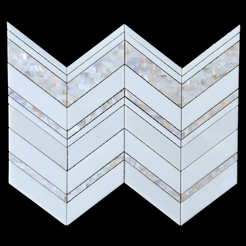Infinity Chevron Natural Mother of Pearl and thassos mosaic lot image showing natural variation | The Mosaic Shop