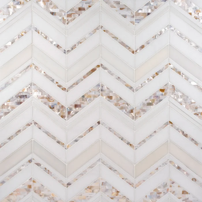 Infinity Chevron natural Thassos marble jade and warm mother of pearl mosaic tile | The Mosaic Shop