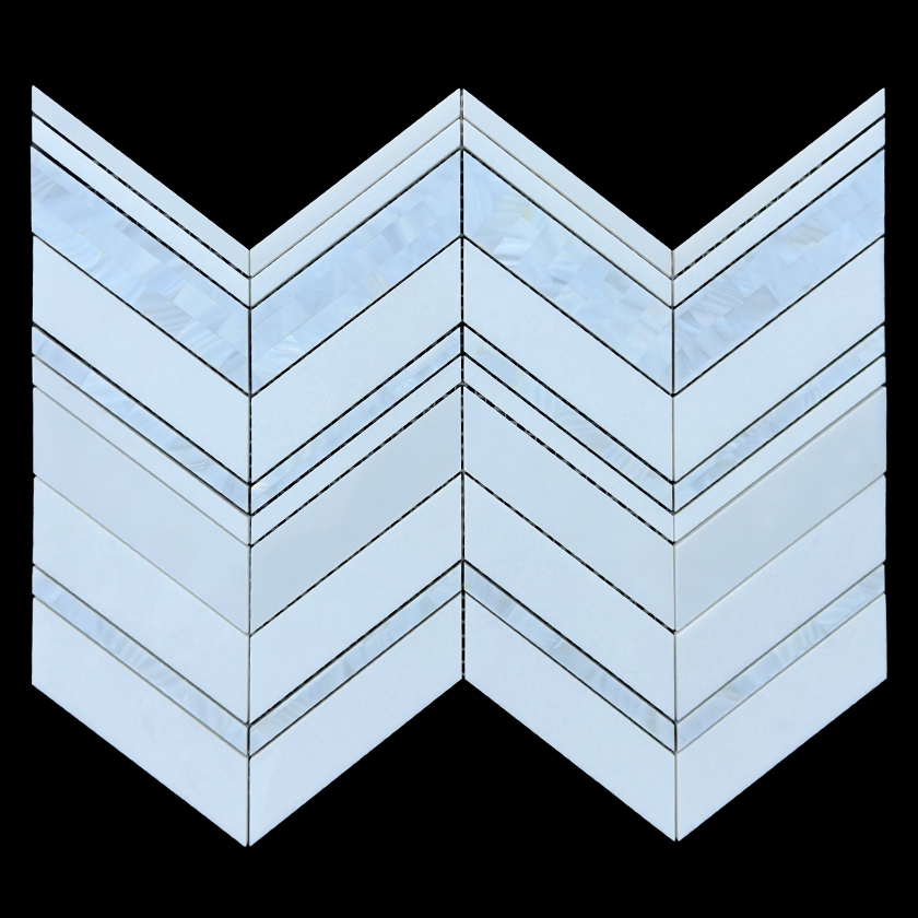 Infinity Chevron White mother of pearl and thassos marble mosaic lot image showing natural variation | The Mosaic Shop