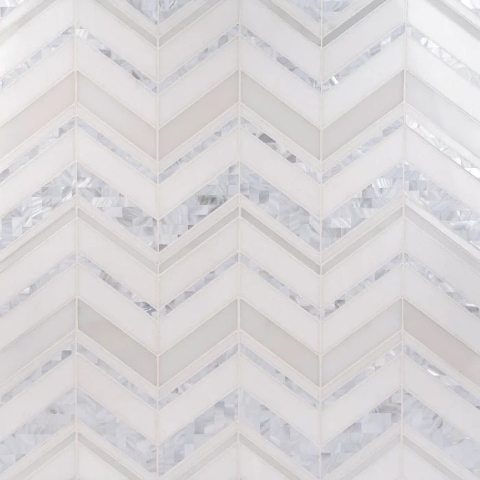 Infinity Chevron White Thassos marble jade and white mother of pearl mosaic tile | The Mosaic Shop