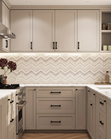 Infinity Chevron White marble and mother of pearl mosaic tile installed as a kitchen backsplash