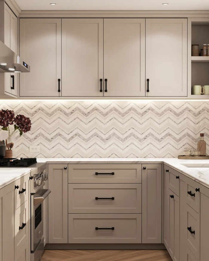 Infinity Chevron White marble and mother of pearl mosaic tile installed as a kitchen backsplash