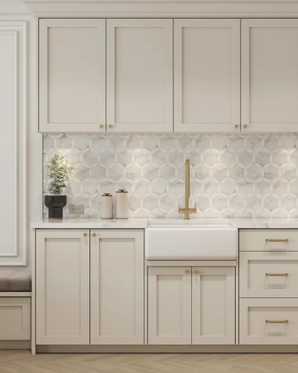 Marbella marble mosaic tile installed as a kitchen backsplash
