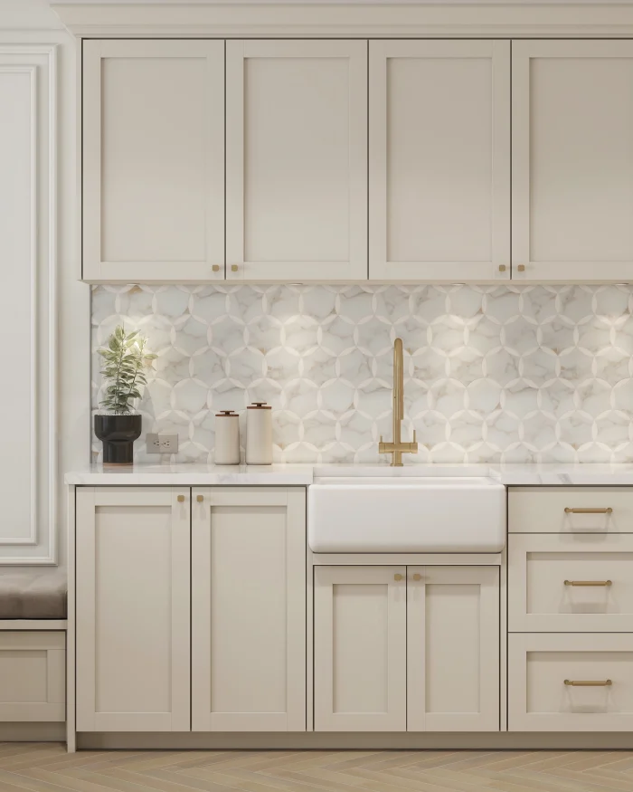 Marbella marble mosaic tile installed as a kitchen backsplash