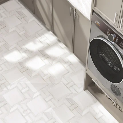 Myrtle Latea waterjet marble mosaic tile installed on a laundry room floor