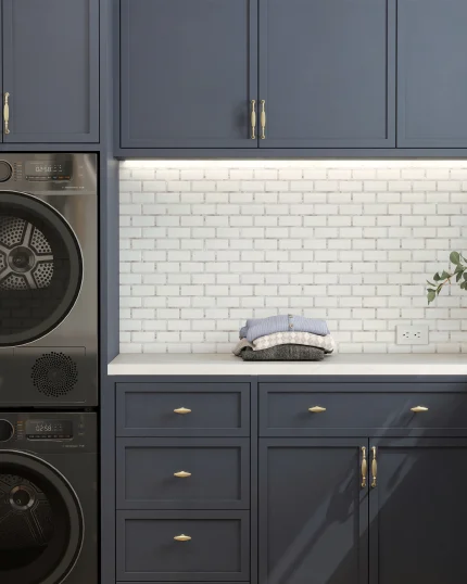 New York Brick White marble and mother of pearl mosaic tile installed as a laundry room backsplash
