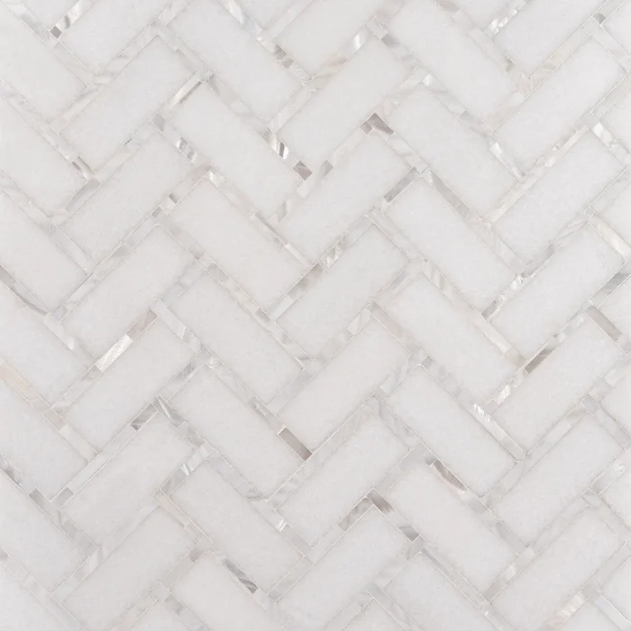 Paradise Warm 1x3 natural herringbone marble and mother of pearl mosaic tile | The Mosaic Shop