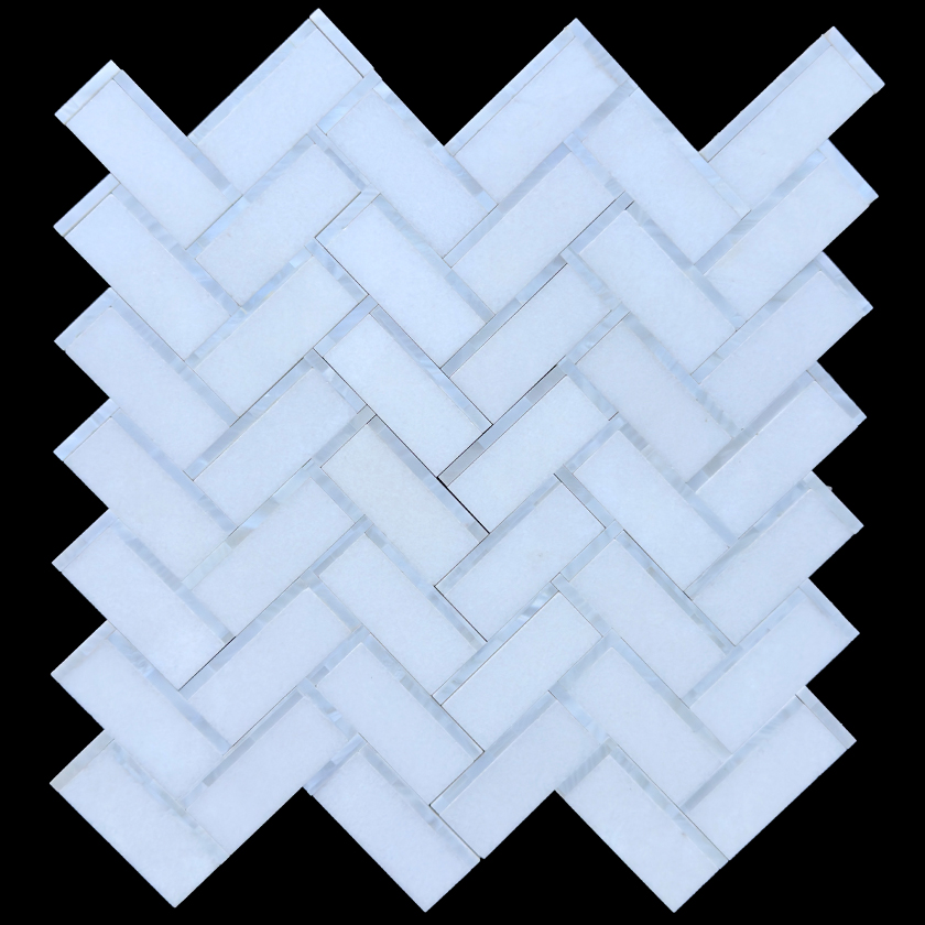 Paradise Herringbone White mother of pearl and thassos marble mosaic lot image showing natural variation | The Mosaic Shop