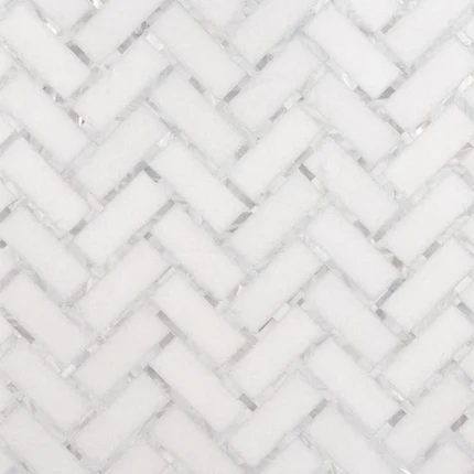 Paradise White 1x3 herringbone marble and white mother of pearl mosaic tile | The Mosaic Shop
