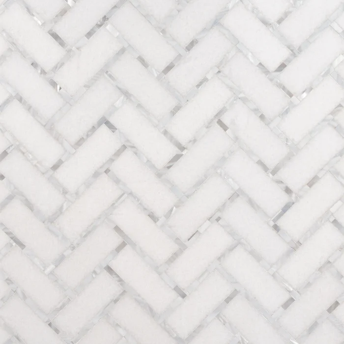 Paradise White 1x3 herringbone marble and white mother of pearl mosaic tile | The Mosaic Shop