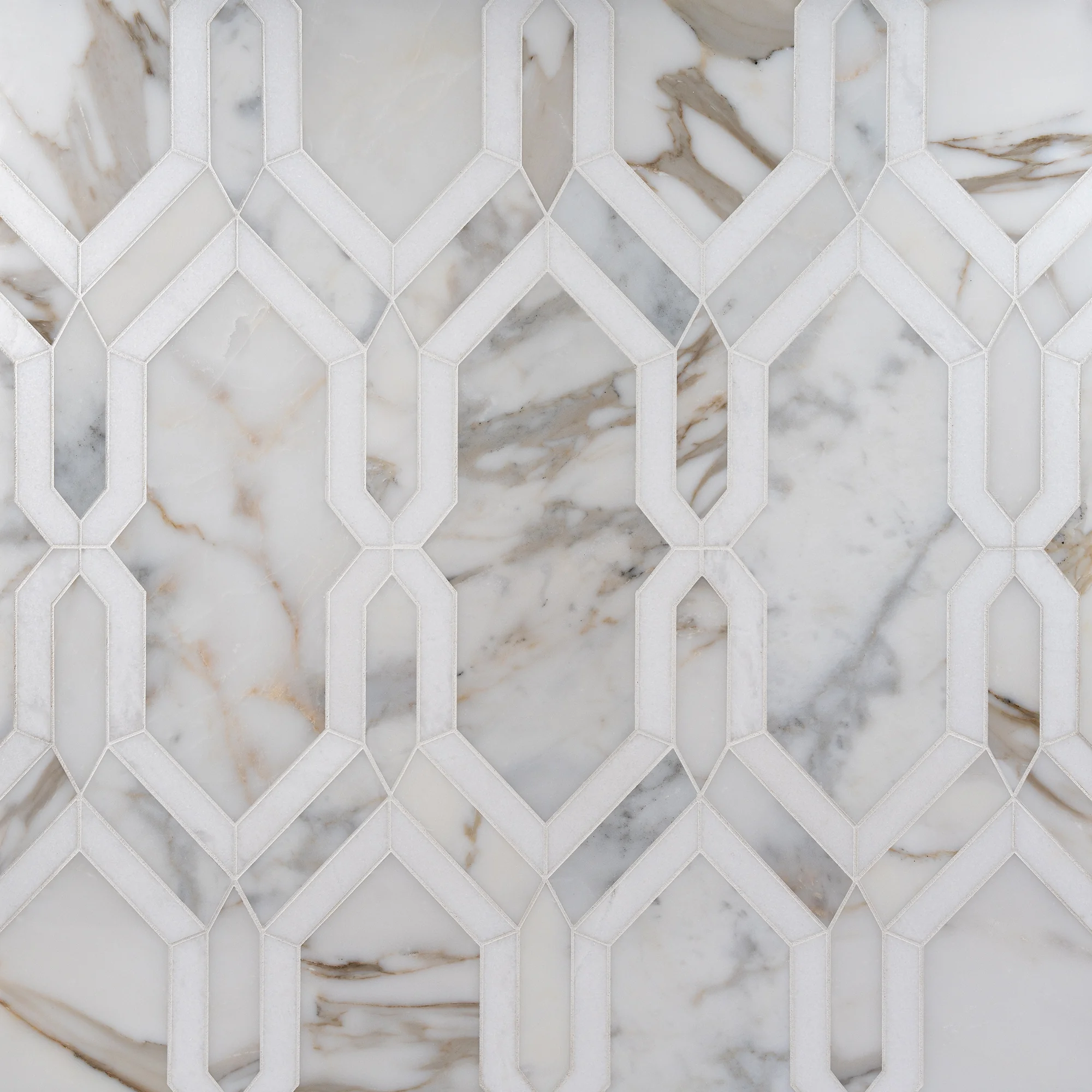 paris-elongated-marble-mosaic Paris Elongated Calacatta Gold and Thassos polished trellis marble mosaic tile | The Mosaic Shop