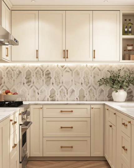 Paris Elongated calacatta gold and thassos marble mosaic tile installed as a kitchen backsplash