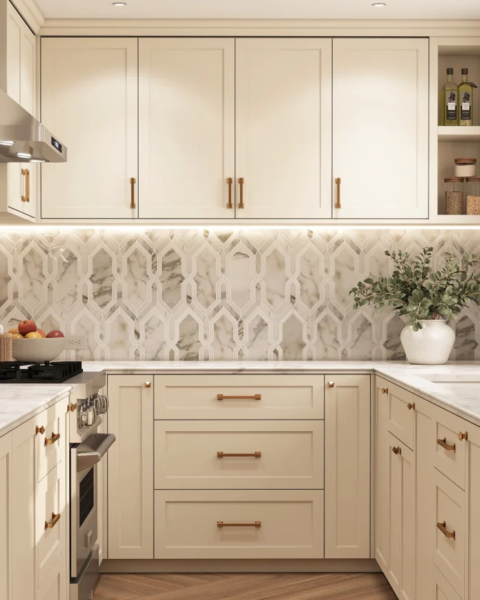 Paris Elongated calacatta gold and thassos marble mosaic tile installed as a kitchen backsplash