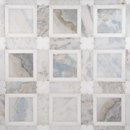 Portofino Azul Cielo and Thassos polished marble mosaic tile with quatrefoil border detail | The Mosaic Shop