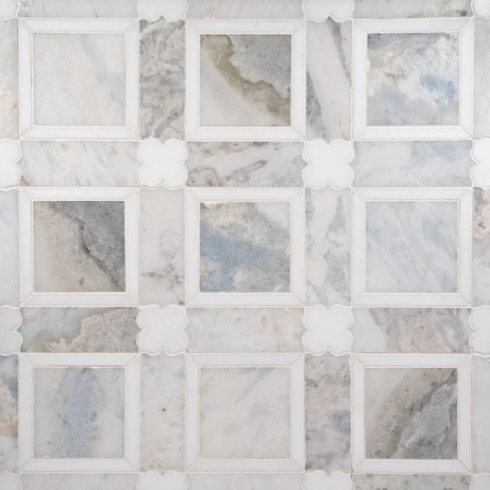 Portofino Azul Cielo and Thassos polished marble mosaic tile with quatrefoil border detail | The Mosaic Shop