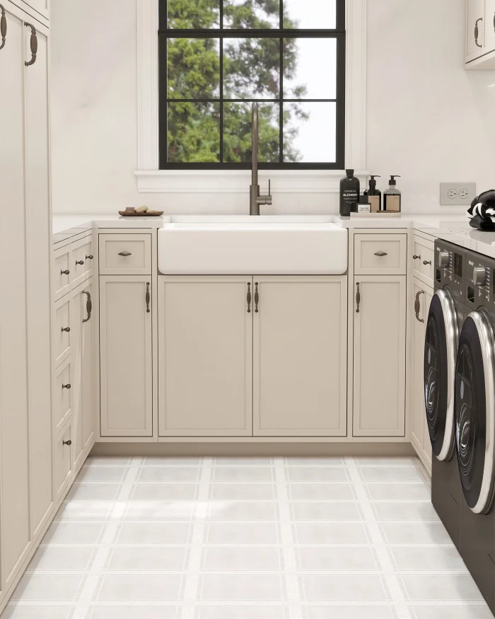 Provence Latea broken joint marble mosaic tile installed on a laundry room floor | The Mosaic Shop
