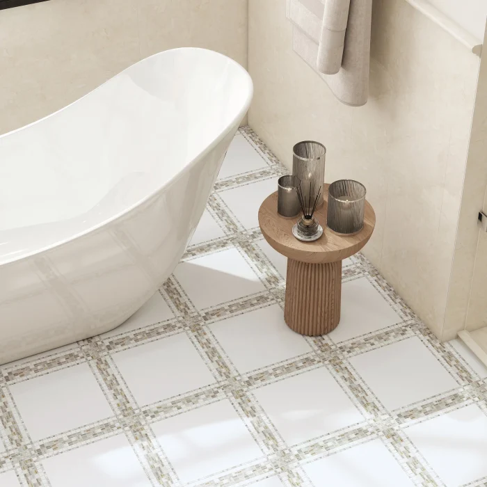 Close-up of Provence Zebrino marble mosaic showing honed Thassos field pieces and polished Zebrino broken joint grid detail | The Mosaic Shop