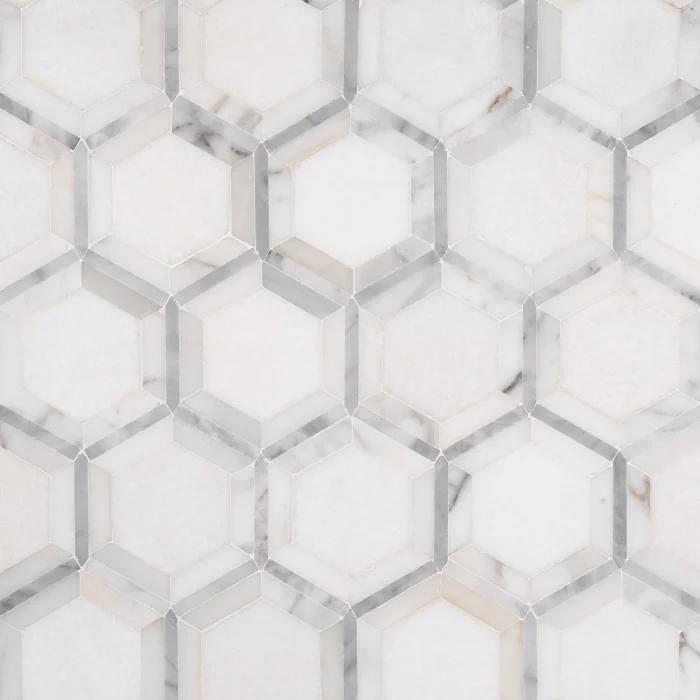 Savannah Hex Thassos Bianco Carrara and Calacatta Gold polished marble mosaic tile | The Mosaic Shop