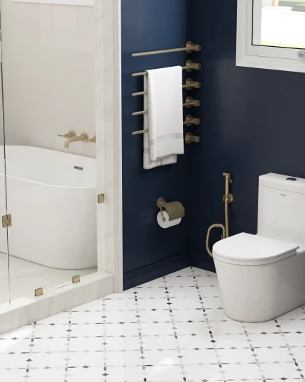 Sea Star Bluette thassos and calacatta bluette floral marble mosaic tile installed on a bathroom floor diagonal inlay