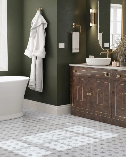 Seabreeze Carrara marble mosaic tile installed on a bathroom floor