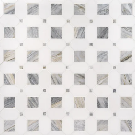 Seabreeze Bluette Thassos and Calacatta Bluette polished octagon and dot marble mosaic tile | The Mosaic Shop