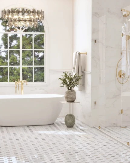 Seabreeze Bluette marble mosaic tile installed on a bathroom floor