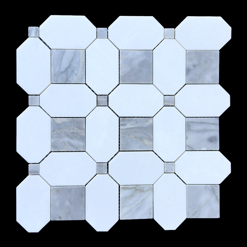 Seabreeze Bluette calacatta bluette and thassos marble mosaic lot image showing natural variation | The Mosaic Shop