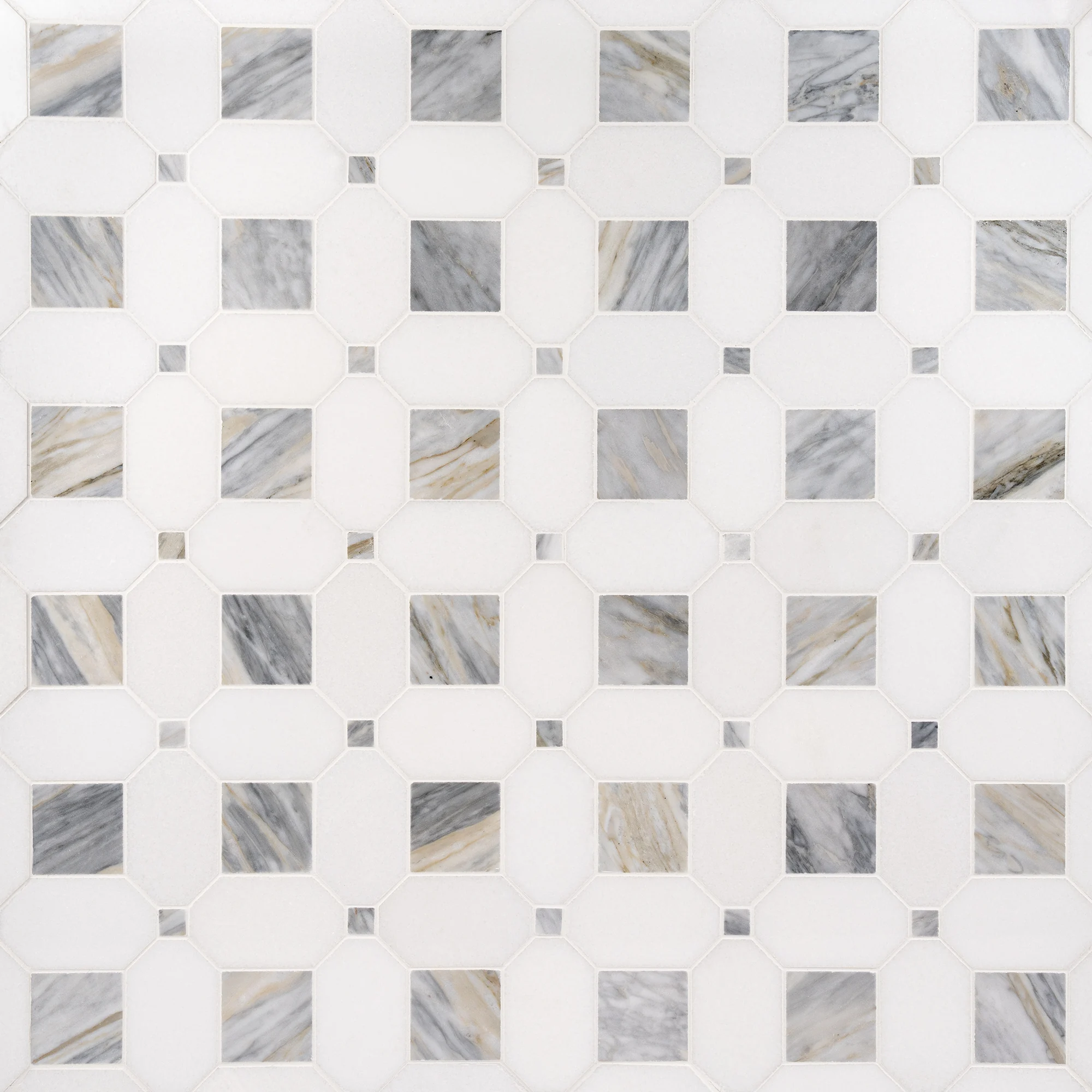 seabreeze-bluette-marble-mosaic Seabreeze Bluette Thassos and Calacatta Bluette polished octagon and dot marble mosaic tile | The Mosaic Shop