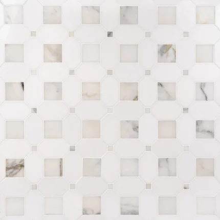 Seabreeze Calacatta Thassos and Calacatta Gold polished octagon and dot marble mosaic tile | The Mosaic Shop