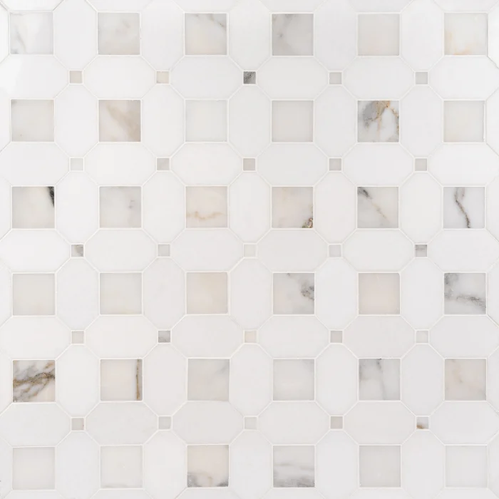 Seabreeze Calacatta Thassos and Calacatta Gold polished octagon and dot marble mosaic tile | The Mosaic Shop