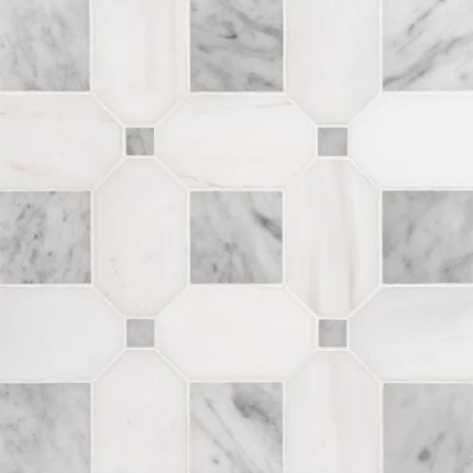 Seabreeze Carrara Bianco Dolomite and Bianco Carrara polished octagon and dot marble mosaic tile | The Mosaic Shop
