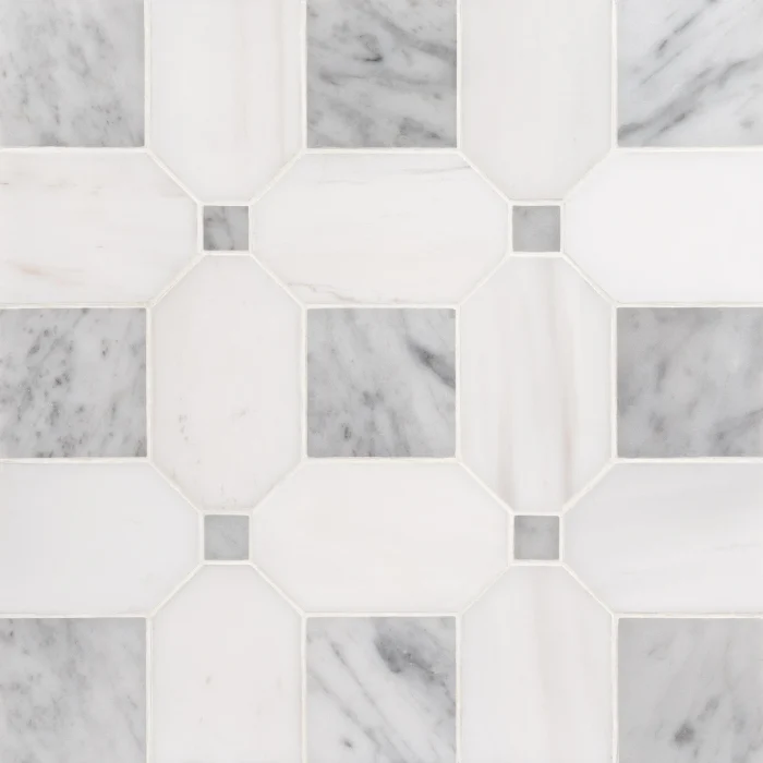 Seabreeze Carrara Bianco Dolomite and Bianco Carrara polished octagon and dot marble mosaic tile | The Mosaic Shop