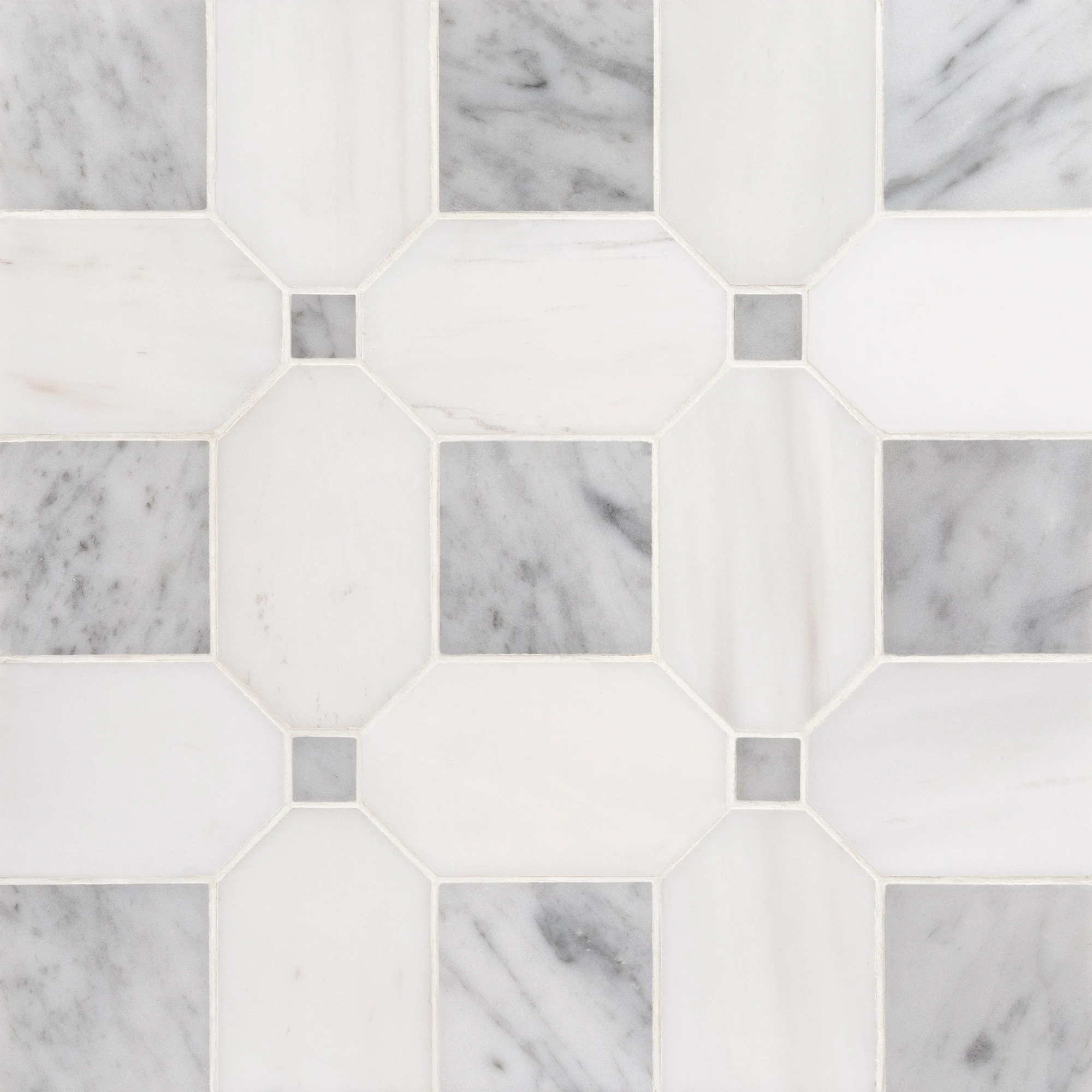 Seabreeze Carrara Bianco Dolomite and Bianco Carrara polished octagon and dot marble mosaic tile | The Mosaic Shop