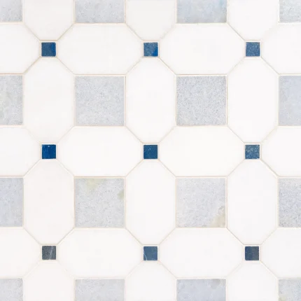 Seabreeze Cielo Thassos and Azul Cielo polished octagon and dot marble mosaic tile | The Mosaic Shop