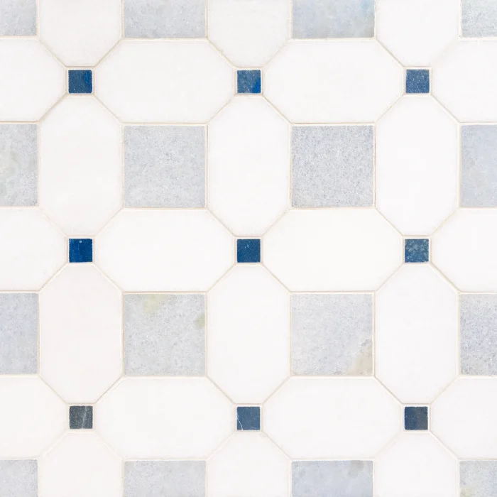 Seabreeze Cielo Thassos and Azul Cielo polished octagon and dot marble mosaic tile | The Mosaic Shop